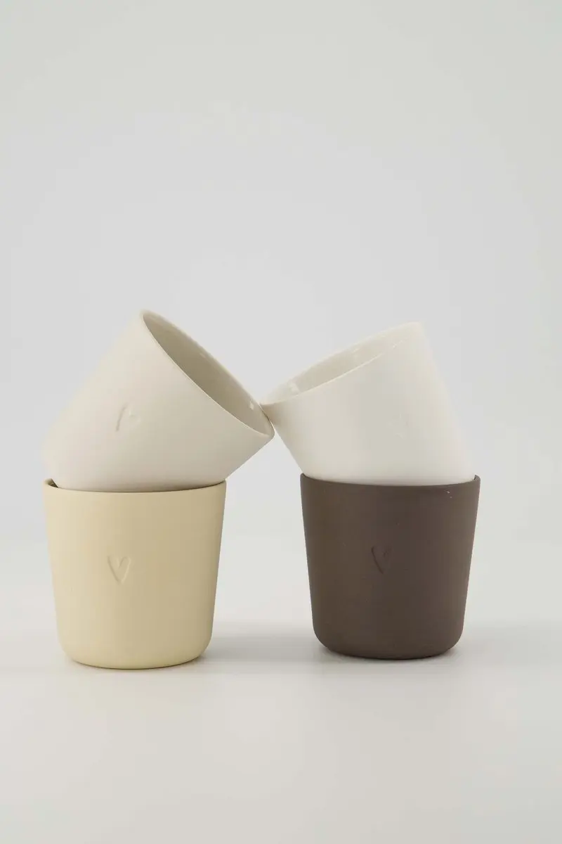 Zusss Set Van 4 Koffiemokken Hartje - Keramiek 230ml - Wit/Zand/Bruin