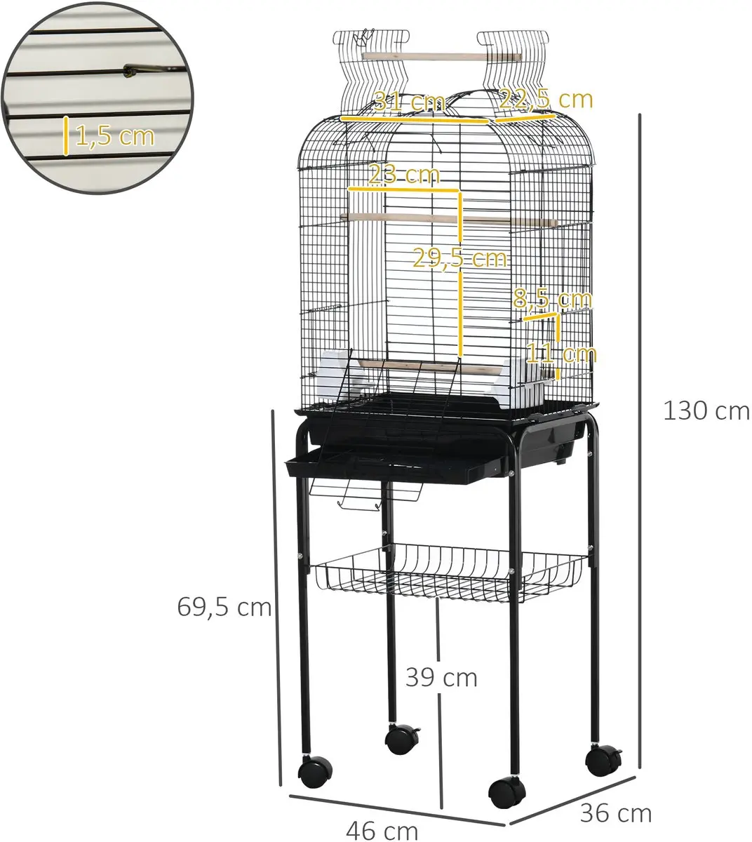 Pawhut Vogelkooi Staaldraad 46x36x130cm - Zwart