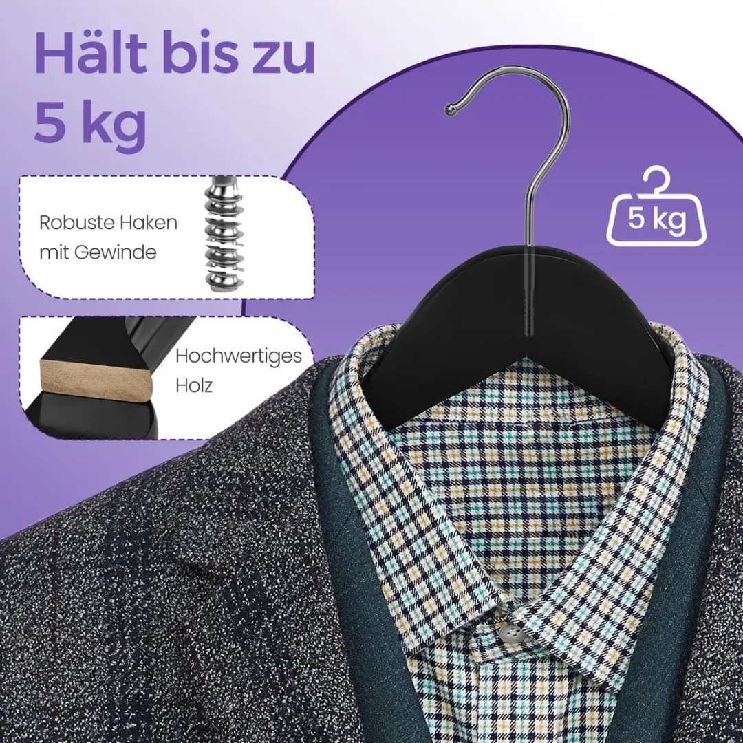 Songmics Houten Kleerhangers 20 Stuks - Zwart/Zilver - afbeelding 2 van 5