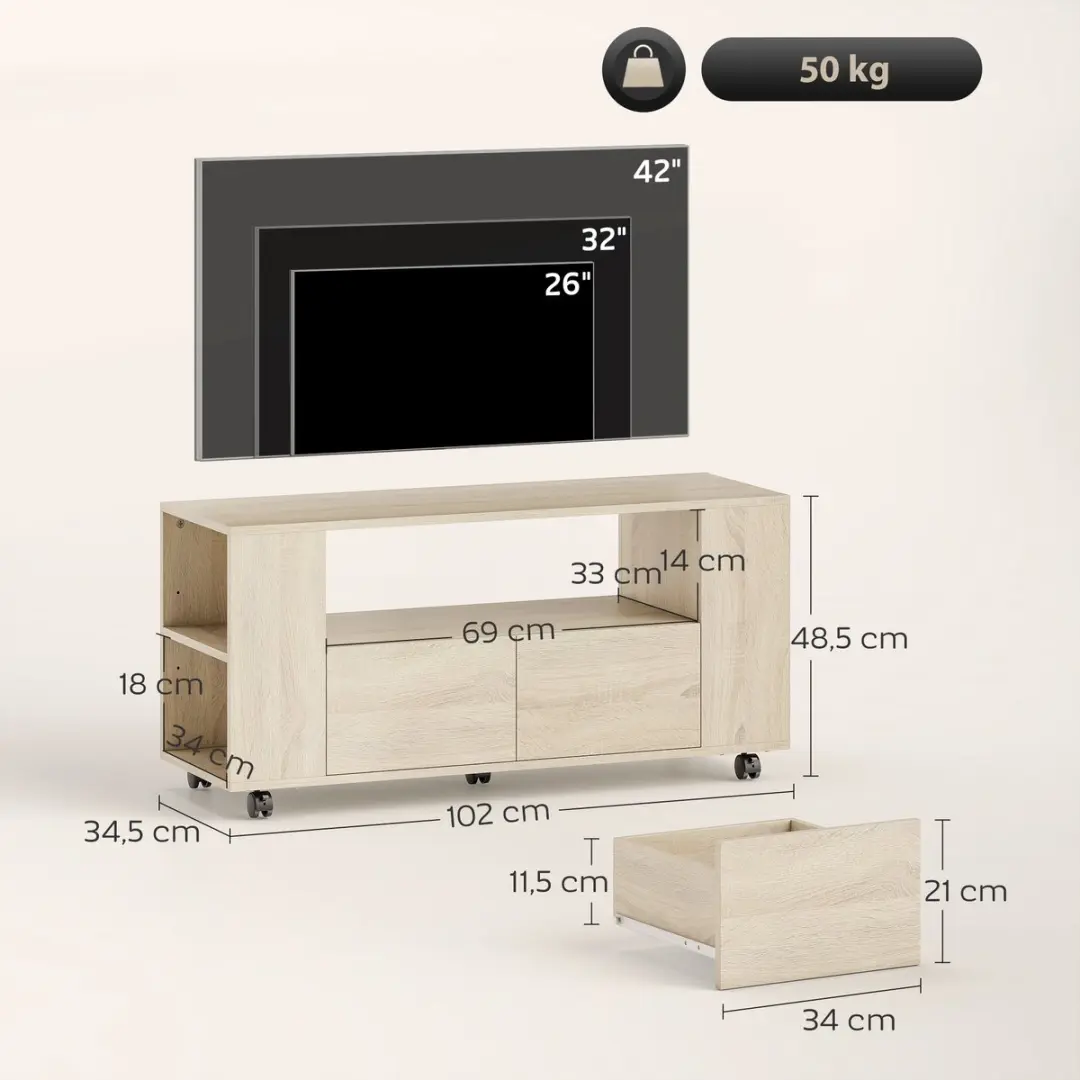ECTEATOY TV-meubel op wieltjes - 42 Inch met laden 102cm - afbeelding 5 van 6