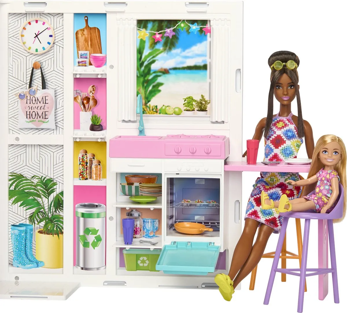 Barbie 65 Jaar Vakantiehuis Poppenhuis - 1 Pop & 11 Meubels