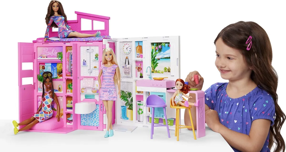 Barbie 65 Jaar Vakantiehuis Poppenhuis - 1 Pop & 11 Meubels