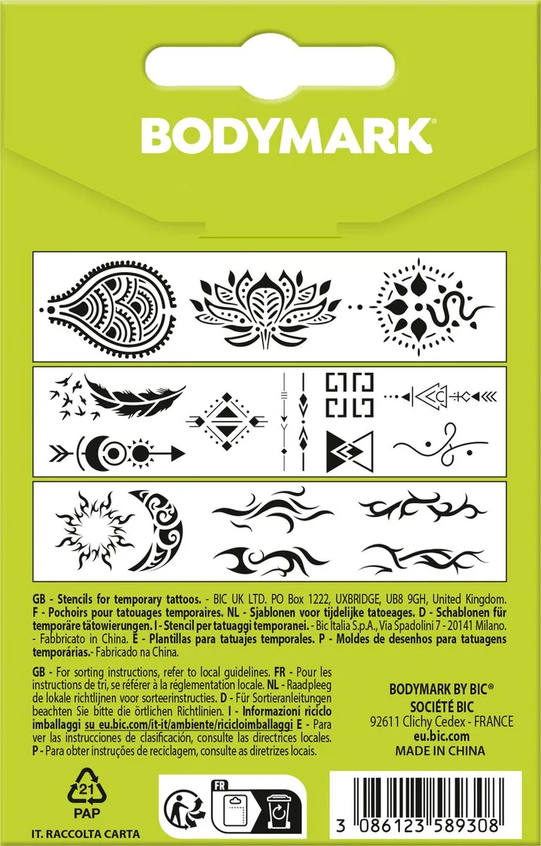 Bic Bodymark Tattoo Stencils 16 Stuks - Zilver