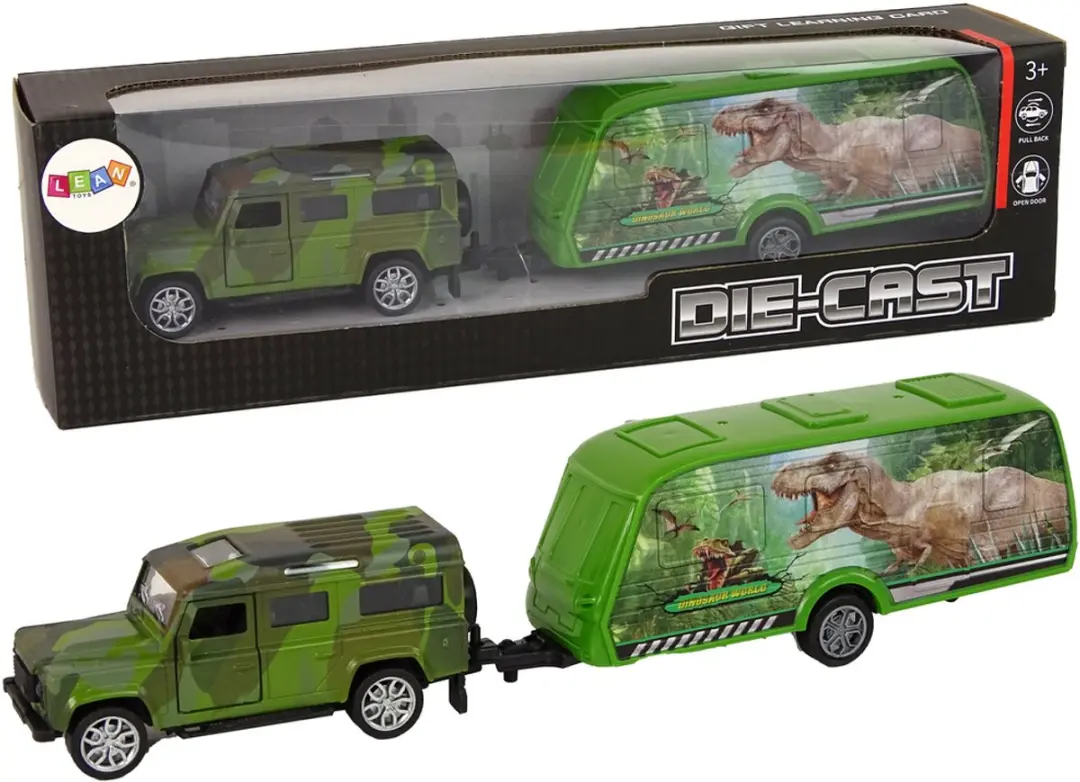 Lean Toys Jeep Voertuigset met Trekkende Dinosaurusaanhangwagen