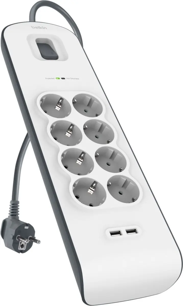 Belkin BSV804VF2M Stekkerblok - 8x AC + 2x USB 2.4A - Wit/Grijs - afbeelding 2 van 6