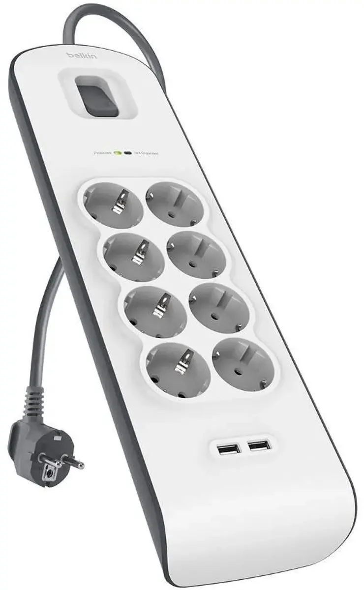 Belkin BSV804VF2M Stekkerblok - 8x AC + 2x USB 2.4A - Wit/Grijs - afbeelding 3 van 6