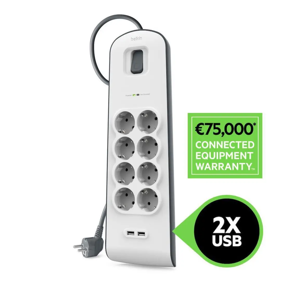 Belkin BSV804VF2M Stekkerblok - 8x AC + 2x USB 2.4A - Wit/Grijs - afbeelding 5 van 6