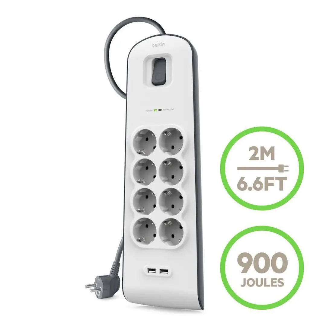Belkin BSV804VF2M Stekkerblok - 8x AC + 2x USB 2.4A - Wit/Grijs - afbeelding 4 van 6