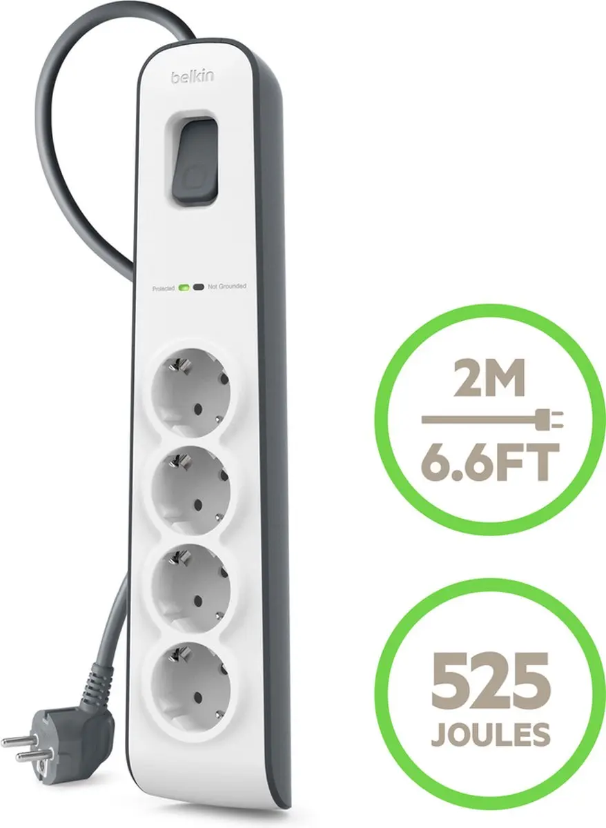 Belkin BSV400VF2M Overspanningsbeveiliging - 4 Stopcontacten - 2m Wit - afbeelding 4 van 6
