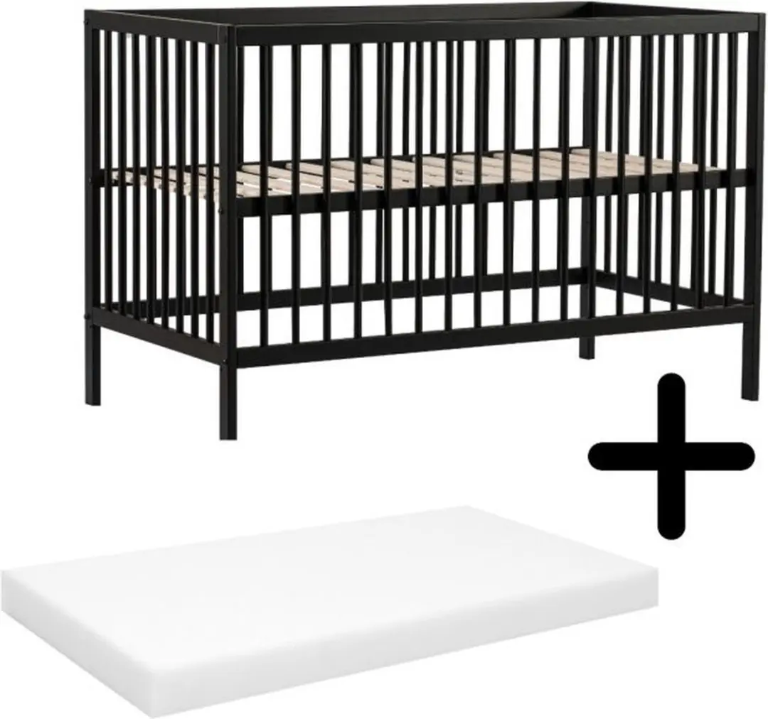 Born Lucky ® Baby Bed Mees Zwart 60 x 120 cm Met Matras