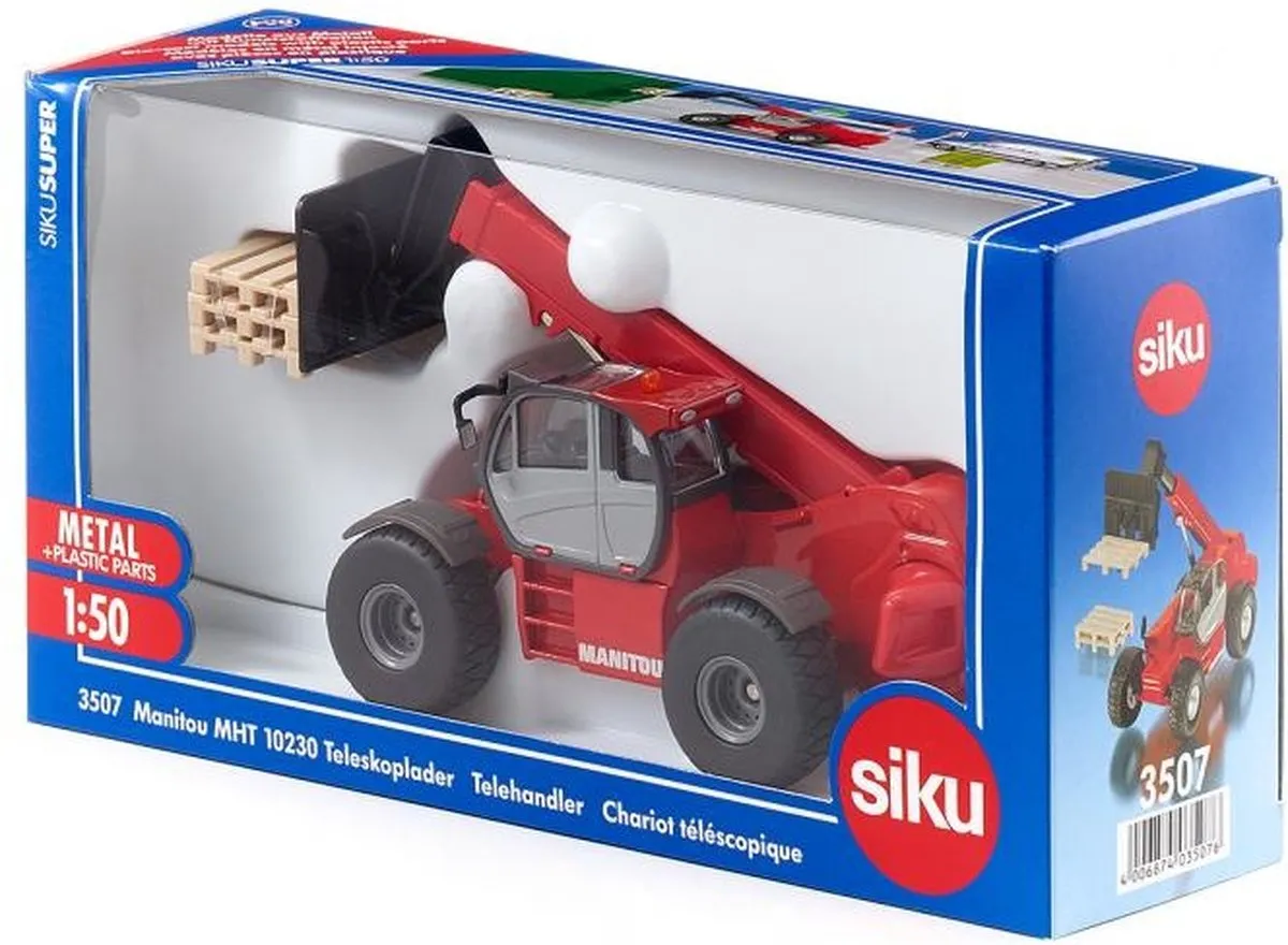 SIKU 3507 Manitou MHT 10230 telescooplader + 3 paletten, schaal: 1:50, metaal/kunststof