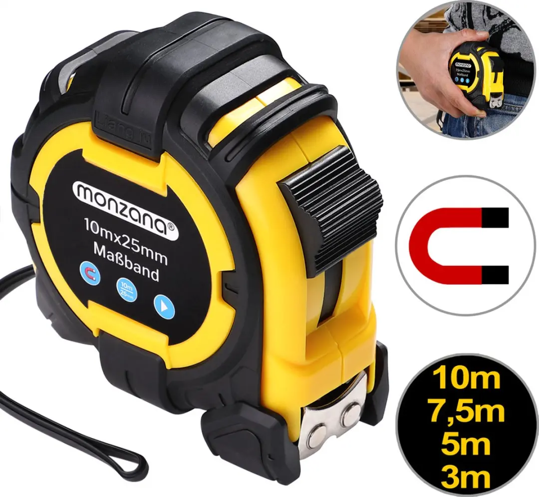 Deuba Monzana Meetlint 10m Autorolsysteem - 107155 - Geel/Zwart