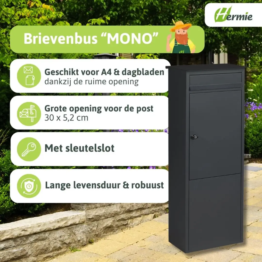 Famiflora Brievenbus MONO met sleutelslot - 100x38x29cm - Mat zwart