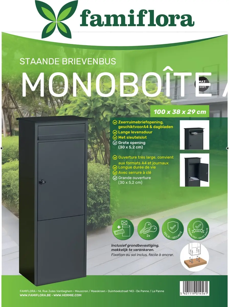 Famiflora Brievenbus MONO met sleutelslot - 100x38x29cm - Mat zwart