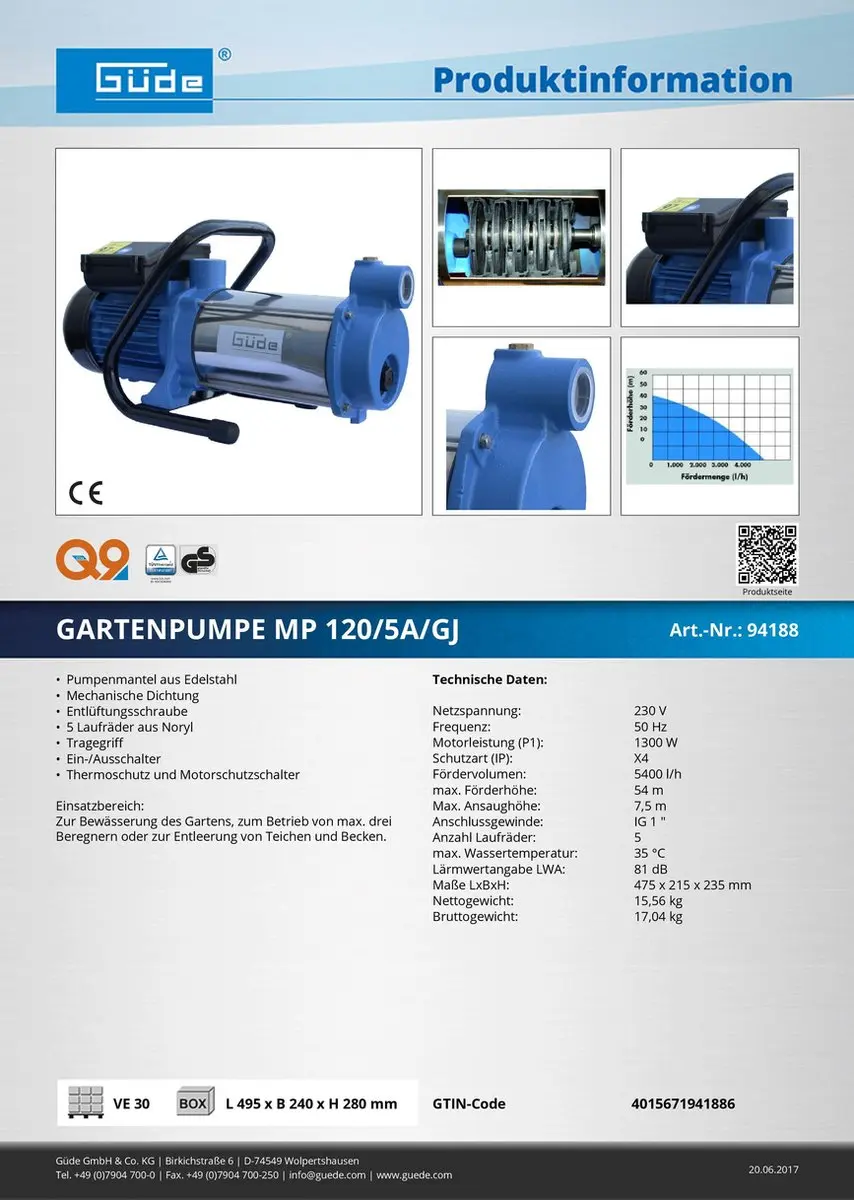 Güde MP 120/5A/GJ Tuinpomp 1300W - 5400 l/h - afbeelding 2 van 6