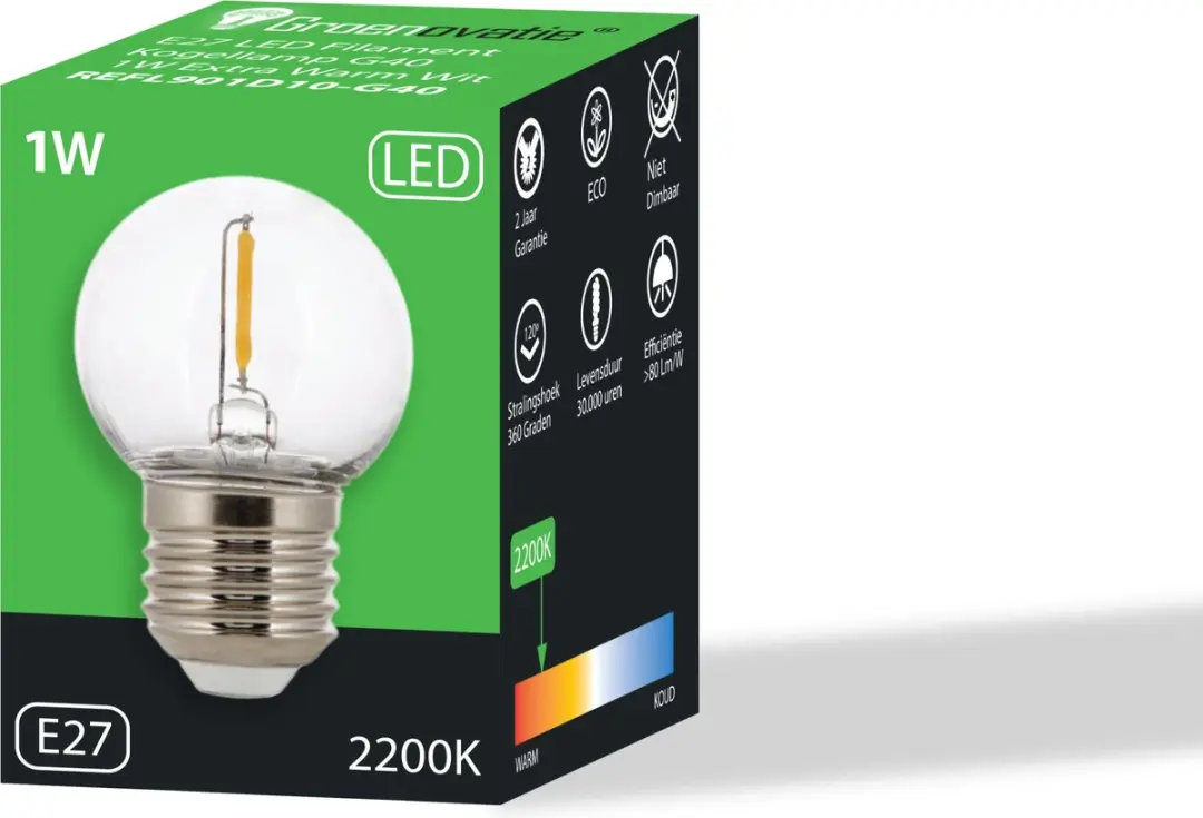 Groenovatie LED Filament Kogellamp G40 1W E27 - Extra Warm Wit