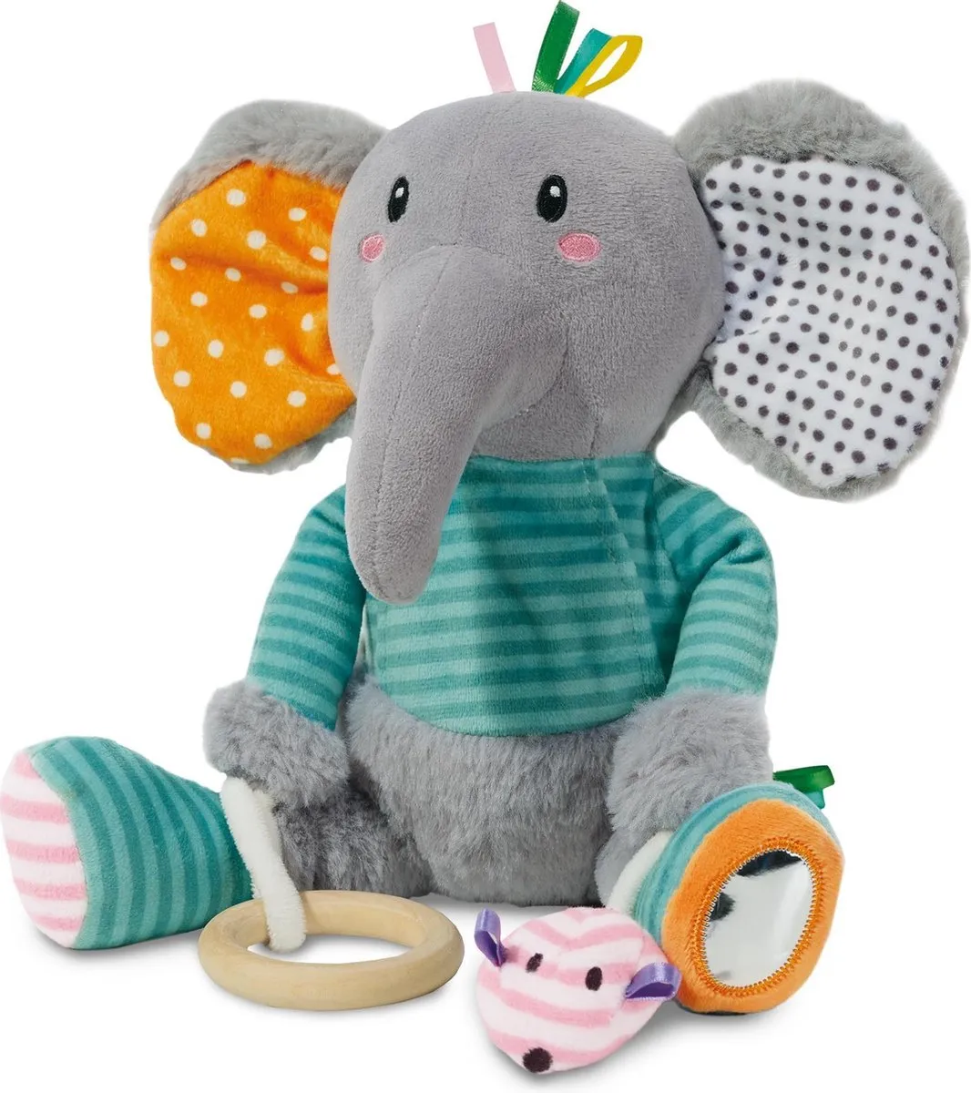 SES Creative Tiny Talents Olfi Knuffel Olifant Sensorisch Speelgoed - met spiegel, knispervoet, bijtring en piepmuis