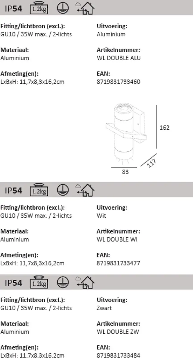 Artdelight Wandlamp Double 16x8,5cm - 2 Lichtpunten - Zwart
