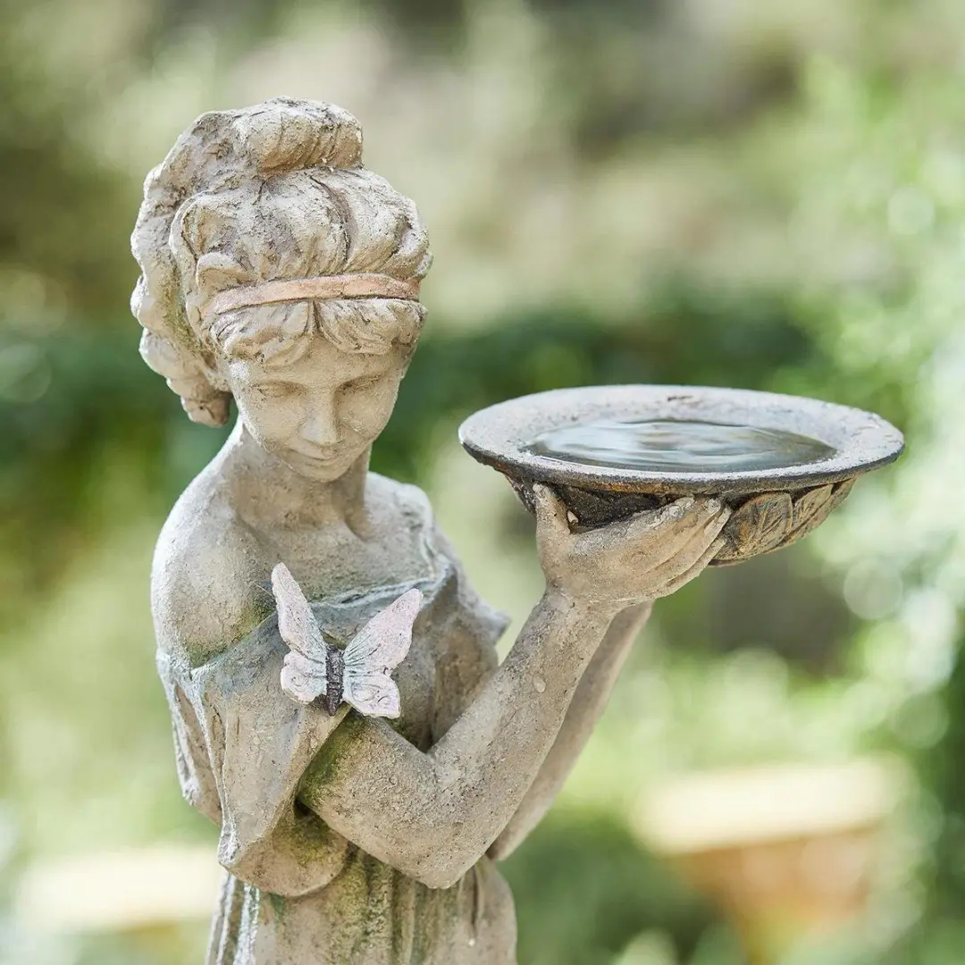 Loberon Sculptuur Malia Antiekgrijs - Vogeltje met badje