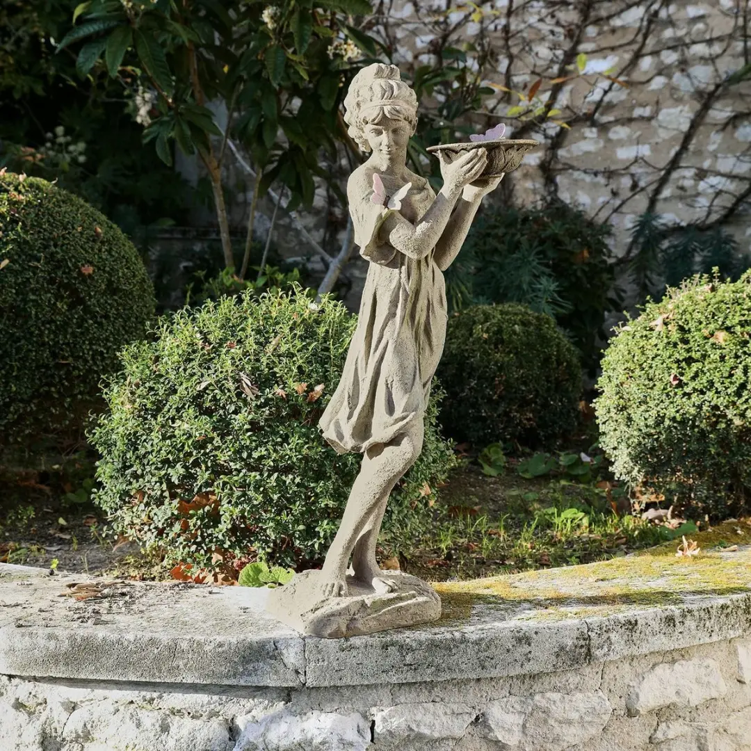 Loberon Sculptuur Malia Antiekgrijs - Vogeltje met badje