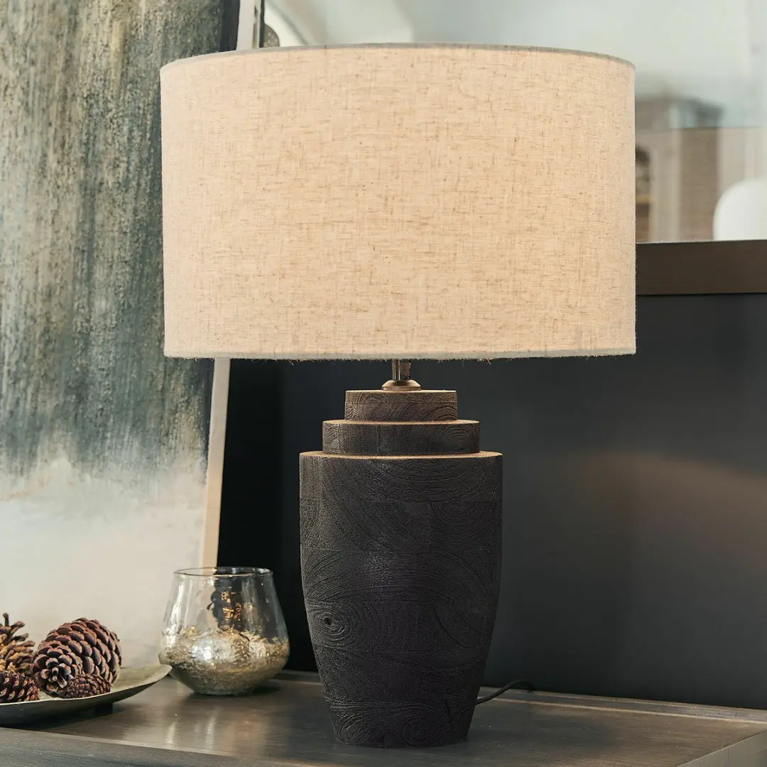 Loberon Daphielle Tafellamp - Ø30cm - 25W - Zwart/Beige