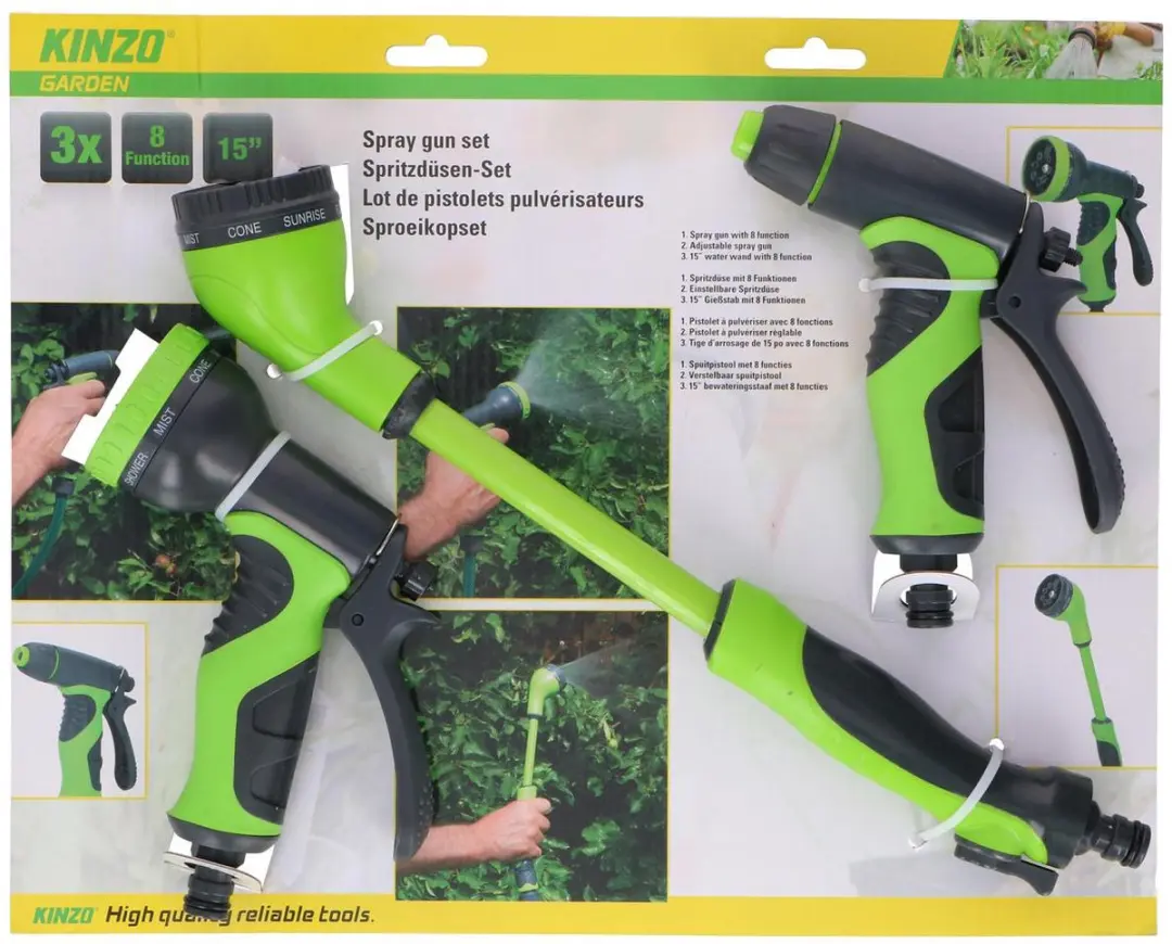Kinzo 3-Delige Sproeikopset - Spuitpistool, Sproeipistool & Uitschuifbaar 15" - 8 Standen - Groen/Zwart - afbeelding 5 van 6