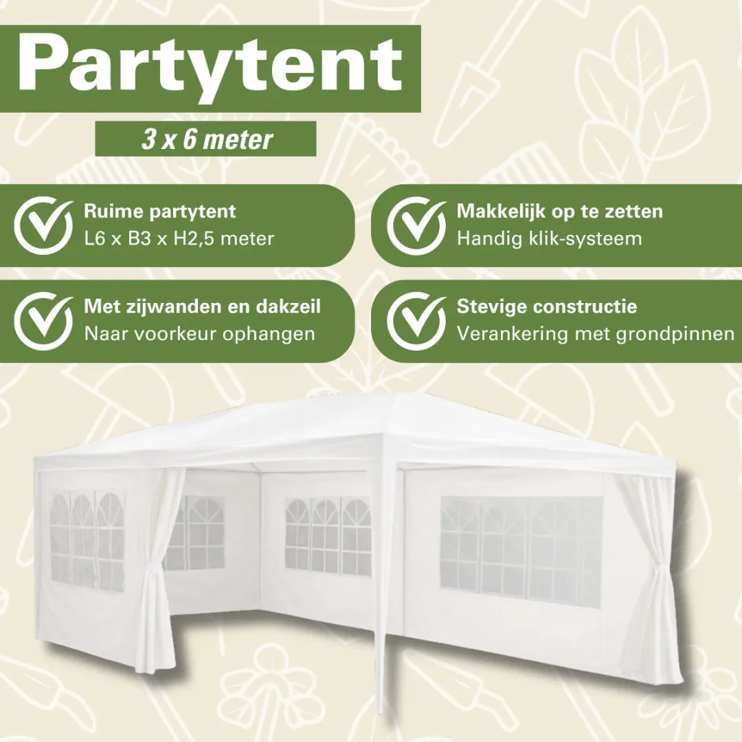 Kinzo Partytent 3x6m - 70 Personen - 6 Zijwanden - 2,5m Nokhoogte