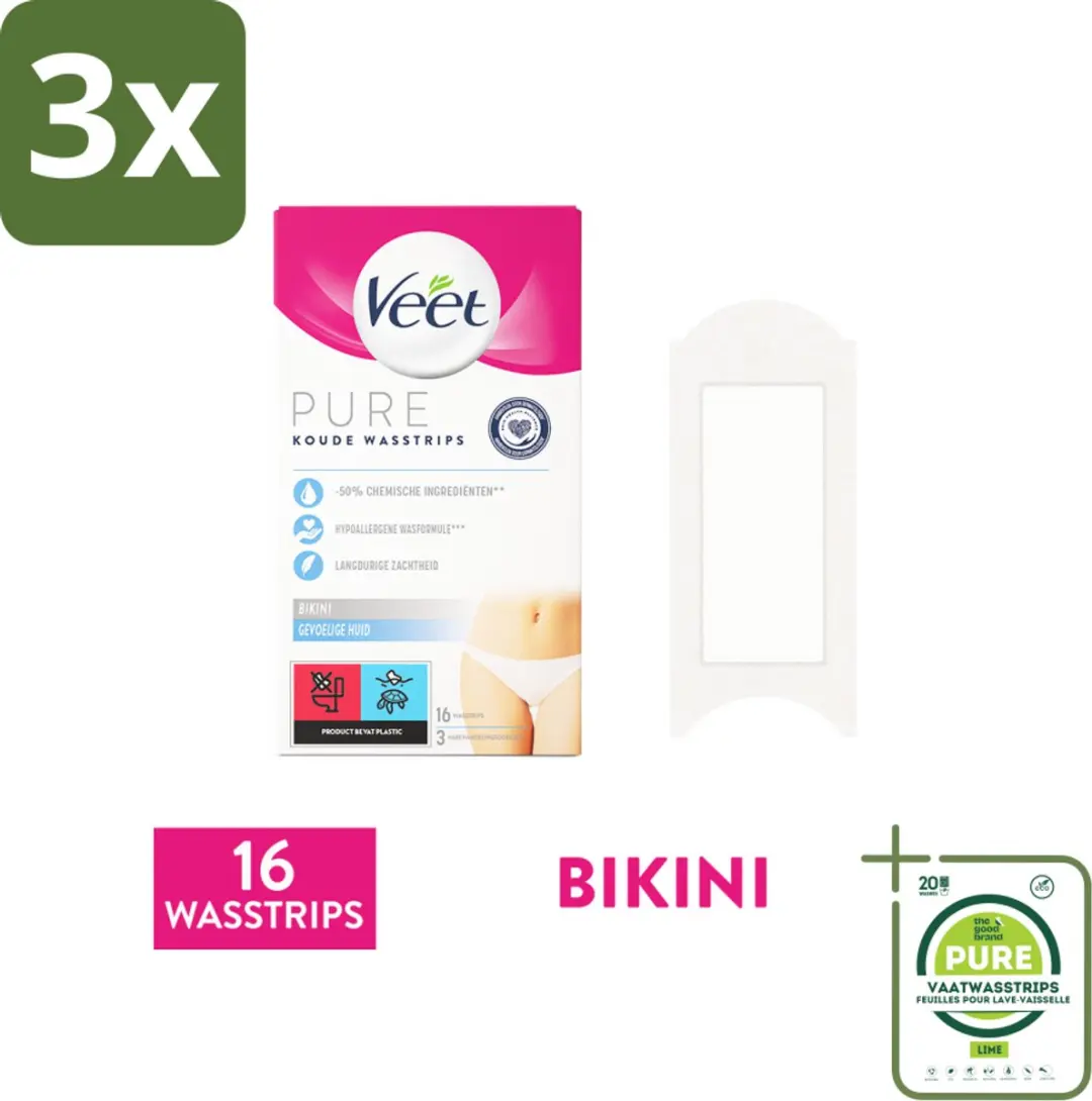 3 x Veet Ontharingsstrips Bikinilijn Pure Gevoelige Huid 16 stuks per verpakking
