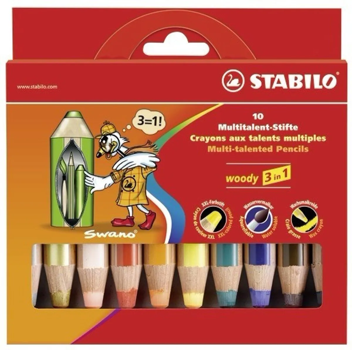 STABILO woody 3 in 1 - Multi Talent Kleurpotloden - Etui Met 10 Kleuren + Puntenslijper
