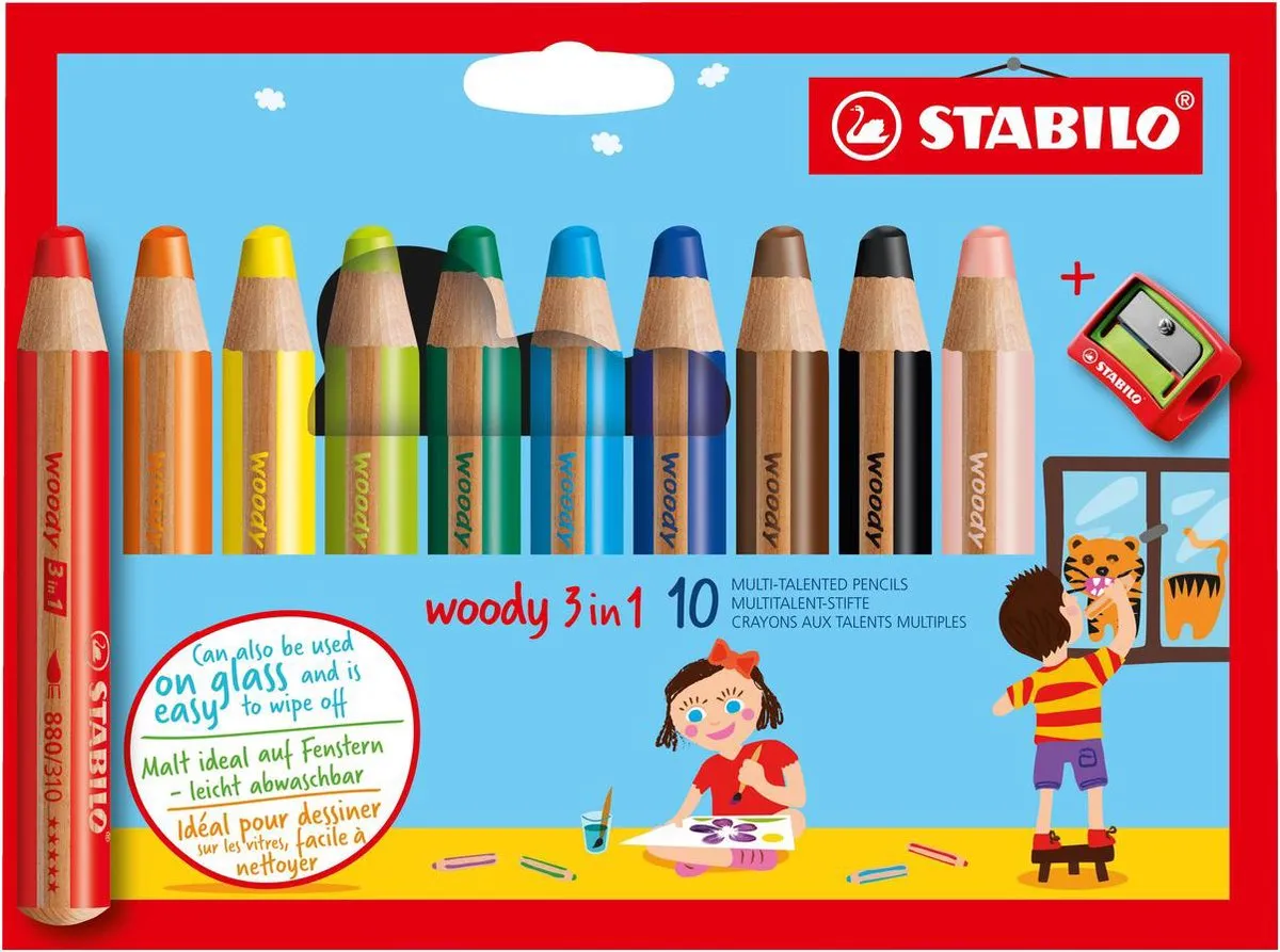 STABILO woody 3 in 1 - Multi Talent Kleurpotloden - Etui Met 10 Kleuren + Puntenslijper