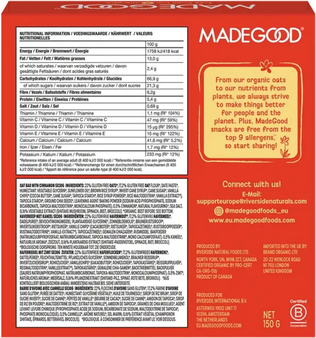 MadeGood Mornings Baked Oat Bars Cinnamon Bun - 5 Stuks
