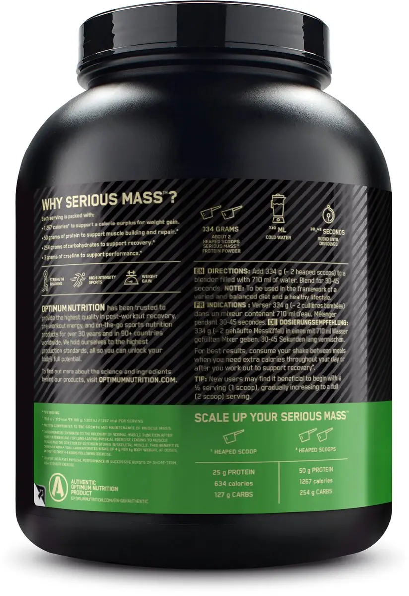 Optimum Nutrition Serious Mass Mass Gainer 2727g - Cookies & Cream - afbeelding 6 van 6