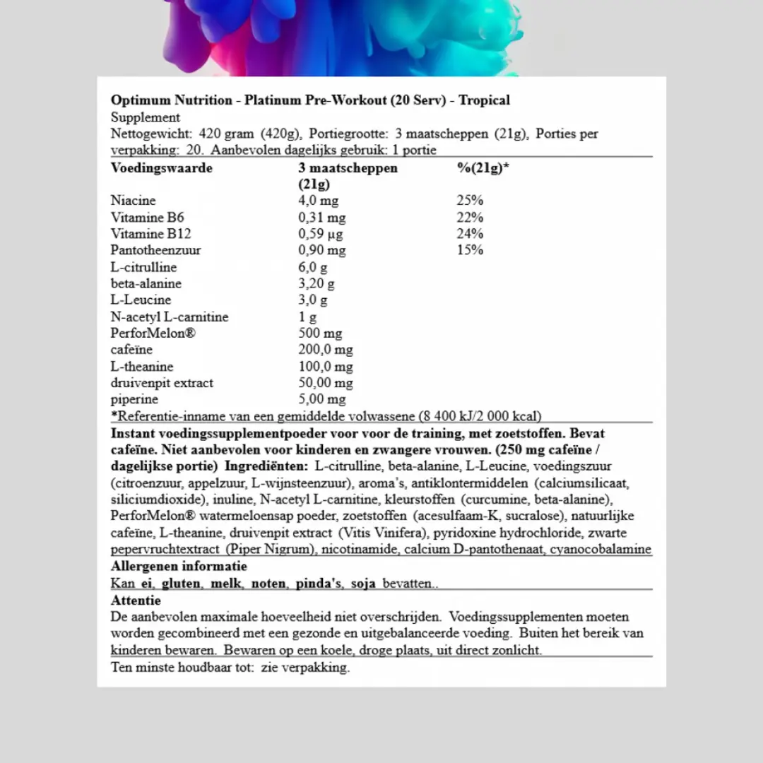 Optimum Nutrition Platinum Pre-Workout Tropisch 420g - 20 Doses - afbeelding 6 van 6