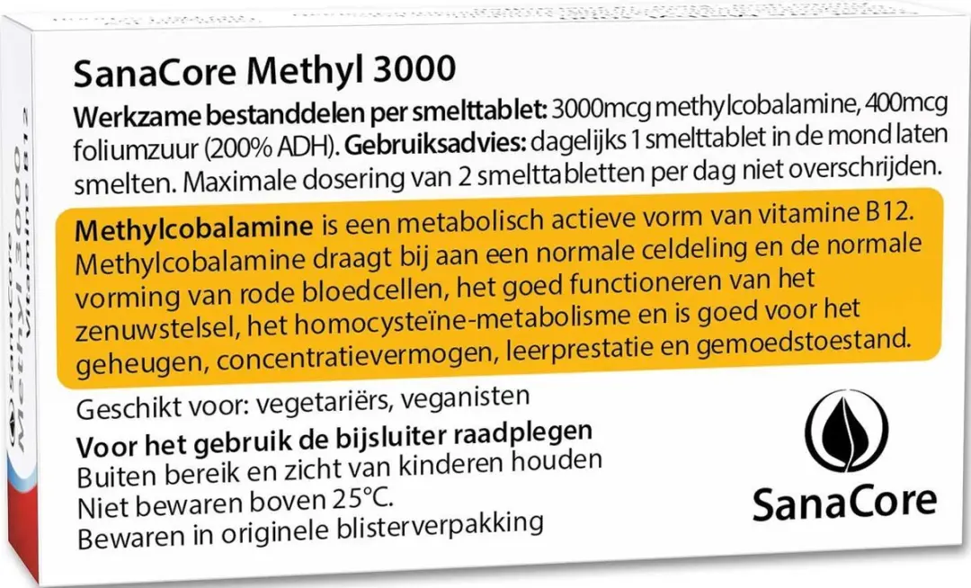 Sanacore Methyl 3000 Methylcobalamine 60 Zuigtabletten