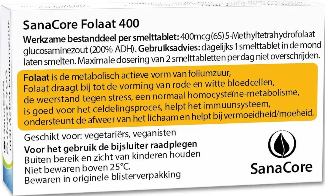 Sanacore Folaat 400 6S Actieve Foliumzuur 60 Tabletten