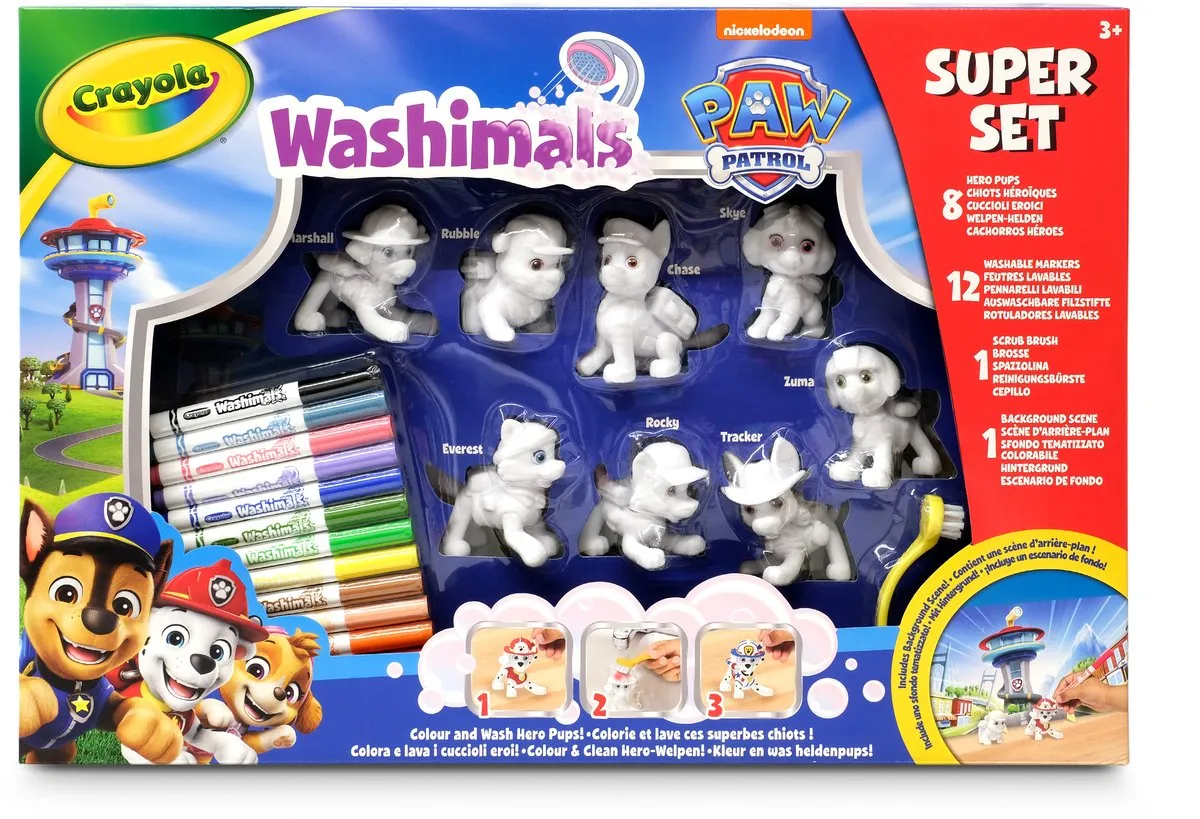 Crayola Washimals Paw Patrol Hobbypakket - 8 Puppy's, 12 Stiften