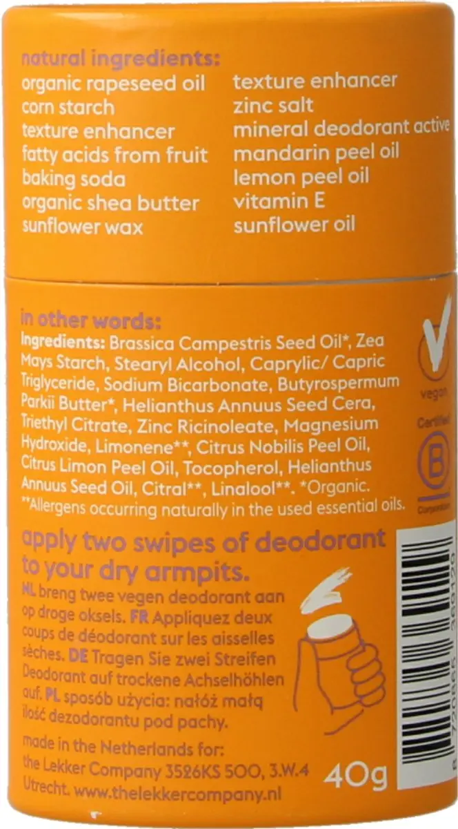 The Lekker Company Deodorant Stick Mandarijn & Citroen 40g