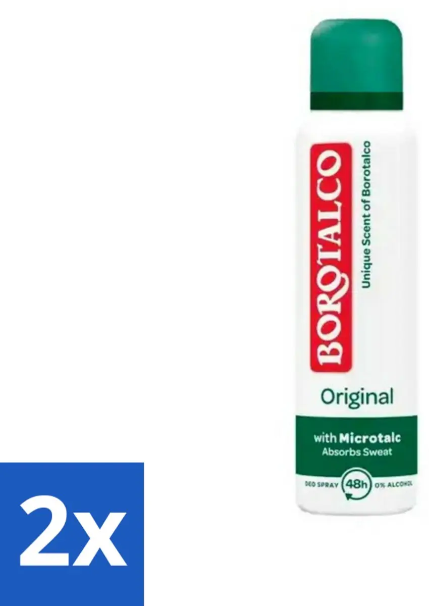 Borotalco - Deodorant Spray - Original - Active Crystal Talc - 0% Alcohol - 150 ml - Voordeelverpakking - 2 stuks