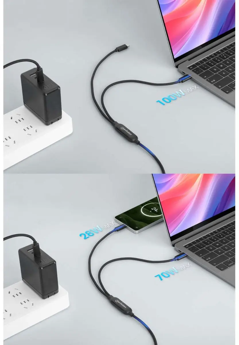 Manhattan USB-C Oplaadkabel 100W 2m - 1x naar 2x USB-C - Zwart - afbeelding 5 van 6