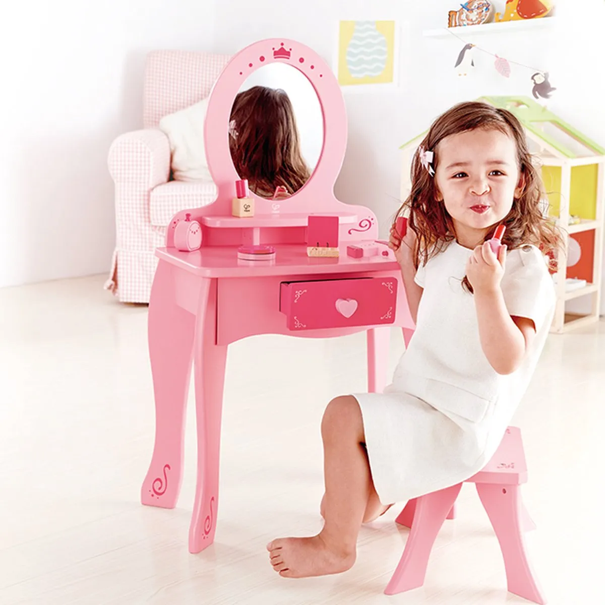 Hape Kaptafel Roze - met spiegel, lade en kruk