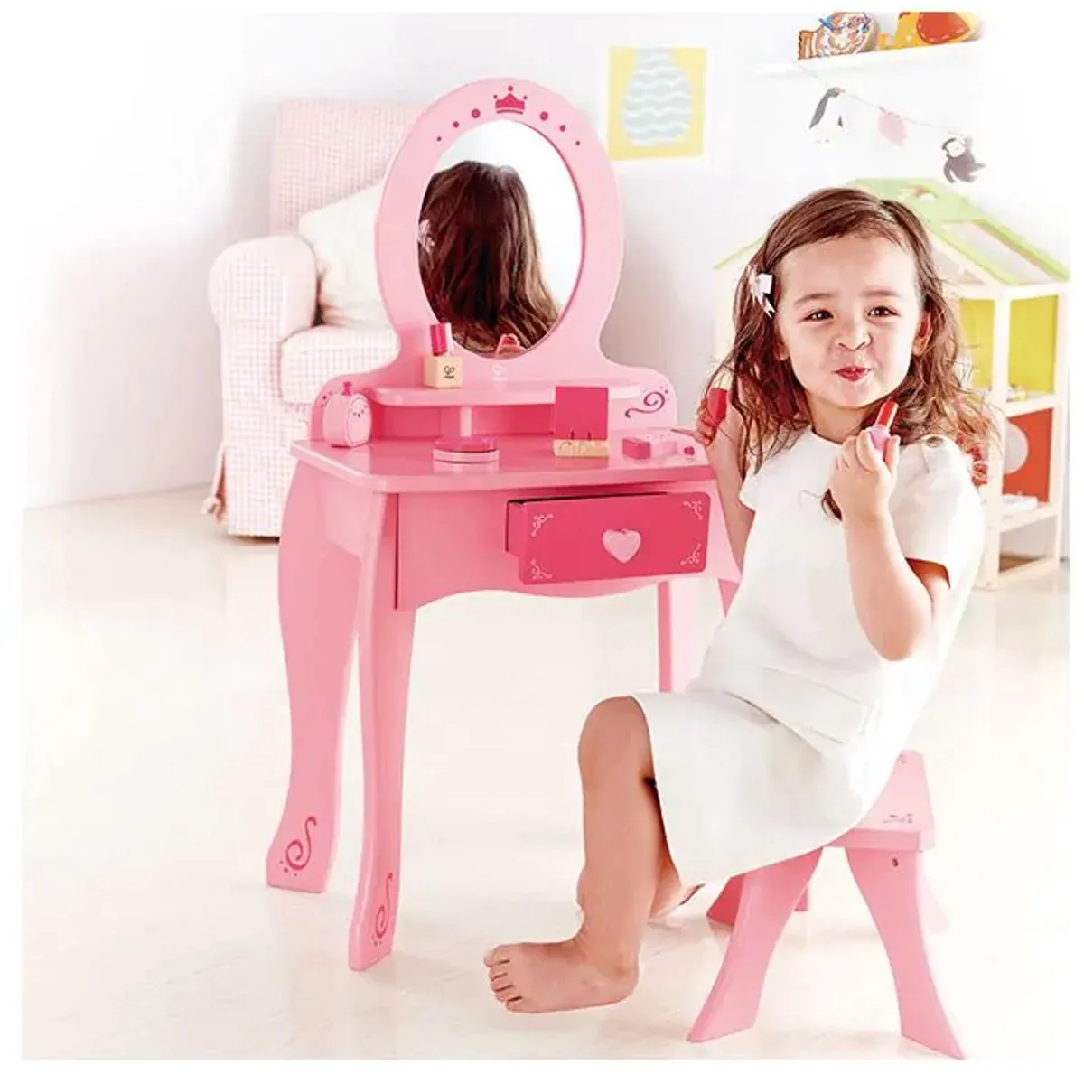 Hape Kaptafel Roze - met spiegel, lade en kruk