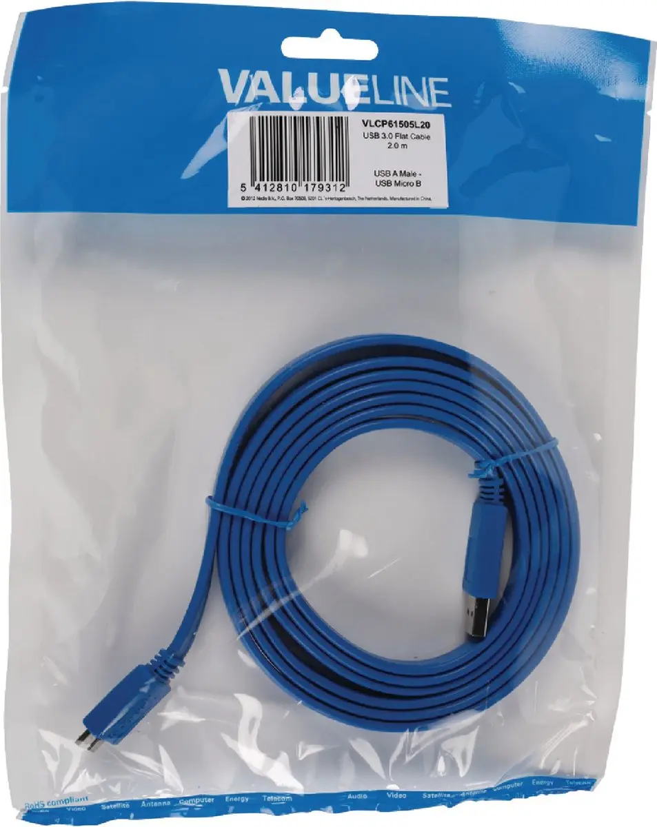 Valueline USB 3.0 A-microB Kabel 2m - Blauw - afbeelding 2 van 2