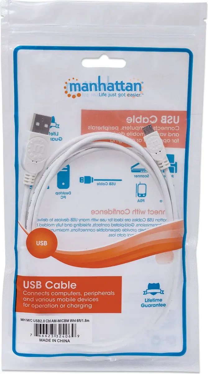 Manhattan 324069 USB-kabel 1,8m - USB A naar Micro-USB B - Wit