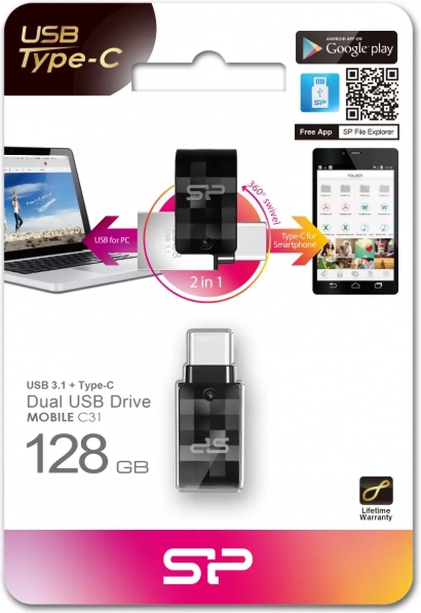 Silicon Power C31 Dual USB USB-stick 128GB - Zwart - afbeelding 3 van 3