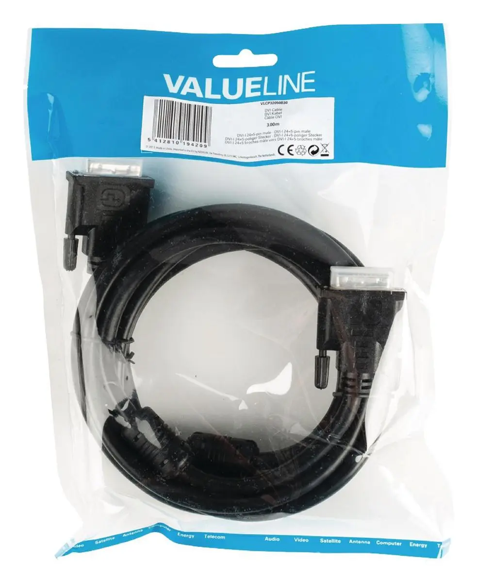 Valueline DVI-I Kabel VLCP32050B30 - 30cm - Zwart