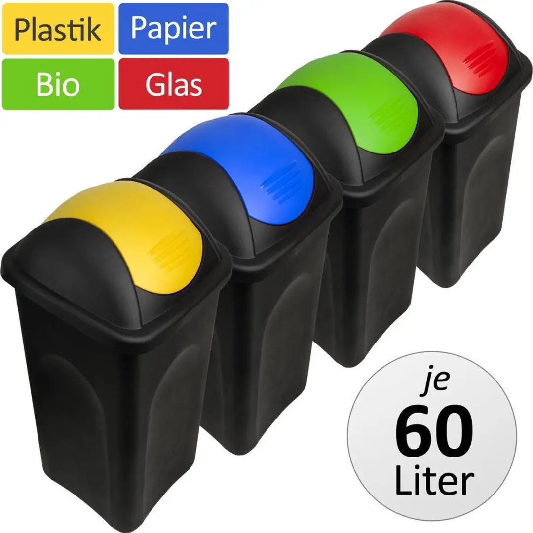 deuba Afvalbakken Set 4x60L - Draaideksel - 4 Kleuren