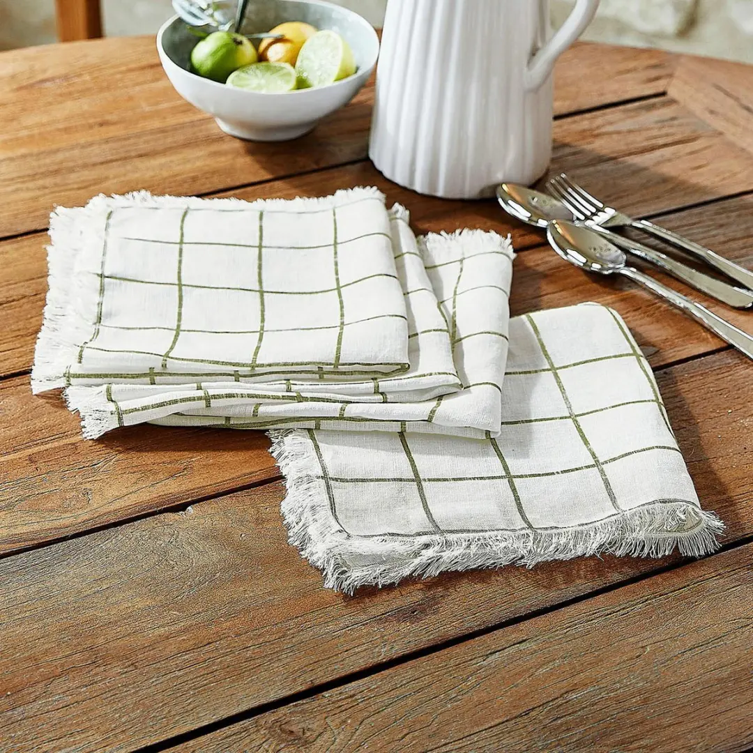 Loberon Servetset Klivento - 4 Stuks Wit/Groen