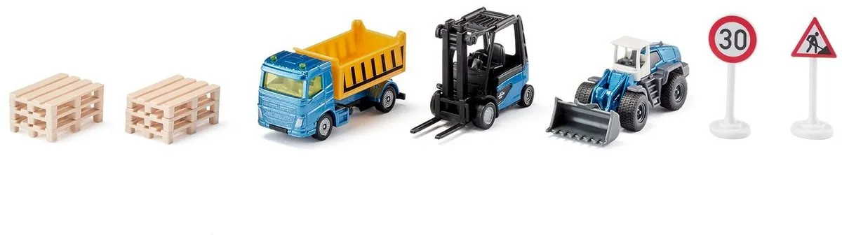 SIKU 6336 Bouwplaats Cadeauset - Vrachtwagen Heftruck Wiellader - 6 Pallets - 2 Verkeersborden