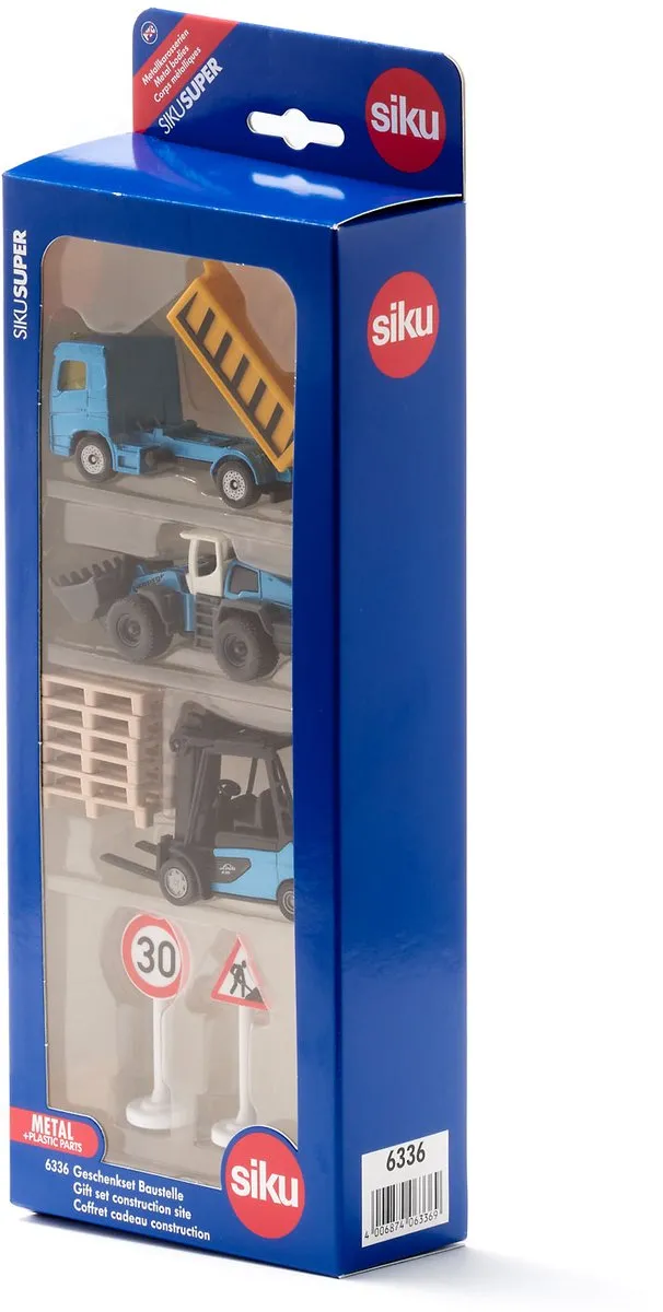 SIKU 6336 Bouwplaats Cadeauset - Vrachtwagen Heftruck Wiellader - 6 Pallets - 2 Verkeersborden - afbeelding 6 van 6