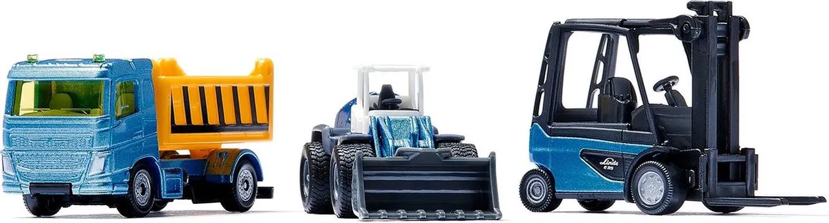 SIKU 6336 Bouwplaats Cadeauset - Vrachtwagen Heftruck Wiellader - 6 Pallets - 2 Verkeersborden